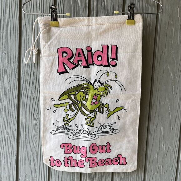 Vintage RAID! Bug Out to the Beach Canvas Drawstring Bag 80s Promo 18"x11" - Picture 3 of 11